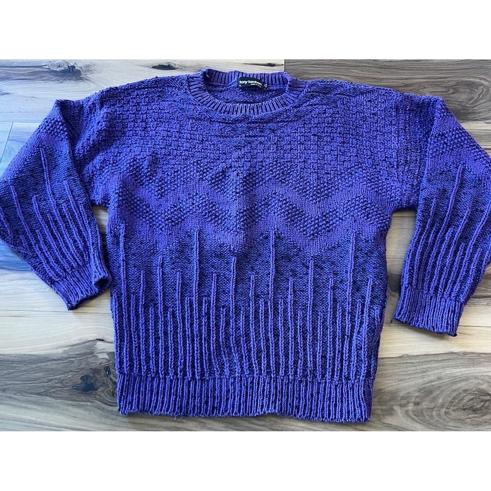 Vtg Tony Lambert Purple Textured Grandpa Sweater Fisherman L 100% Cotton 90s USA